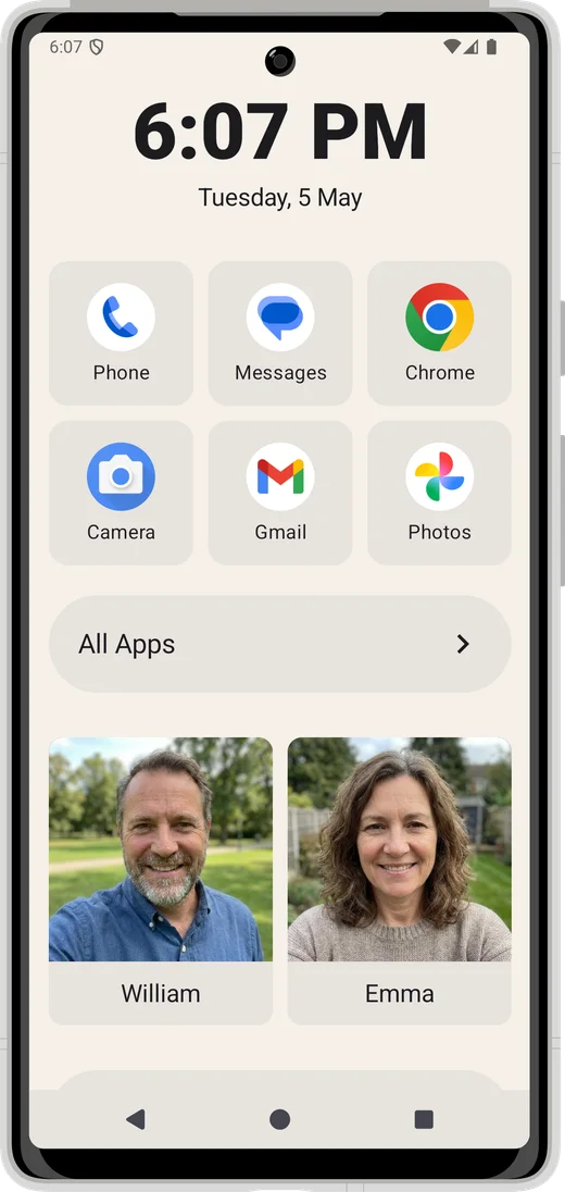 The Inglenook home screen showing large app icons for Phone, Messages, Photos, and Maps, with a Family contacts section below