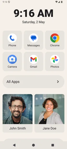 The Inglenook home screen showing a clock, favourite apps grid, and pinned contacts strip